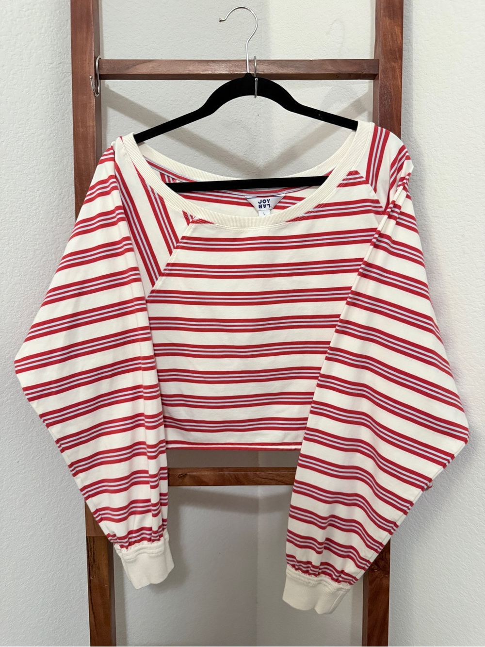 JoyLab Cream and Red Striped Long-Sleeve Boatneck Top